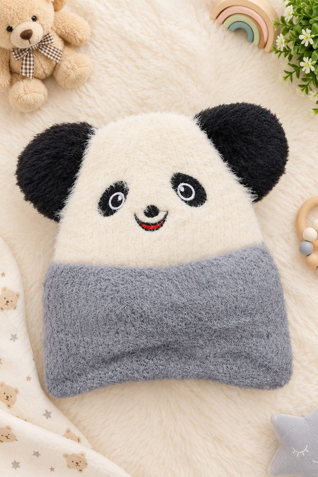 Baby Panda Winter Cap – Soft Fluffy Knit Beanie with Cute Ears (Warm Woolen Cap for Newborn & Infants)