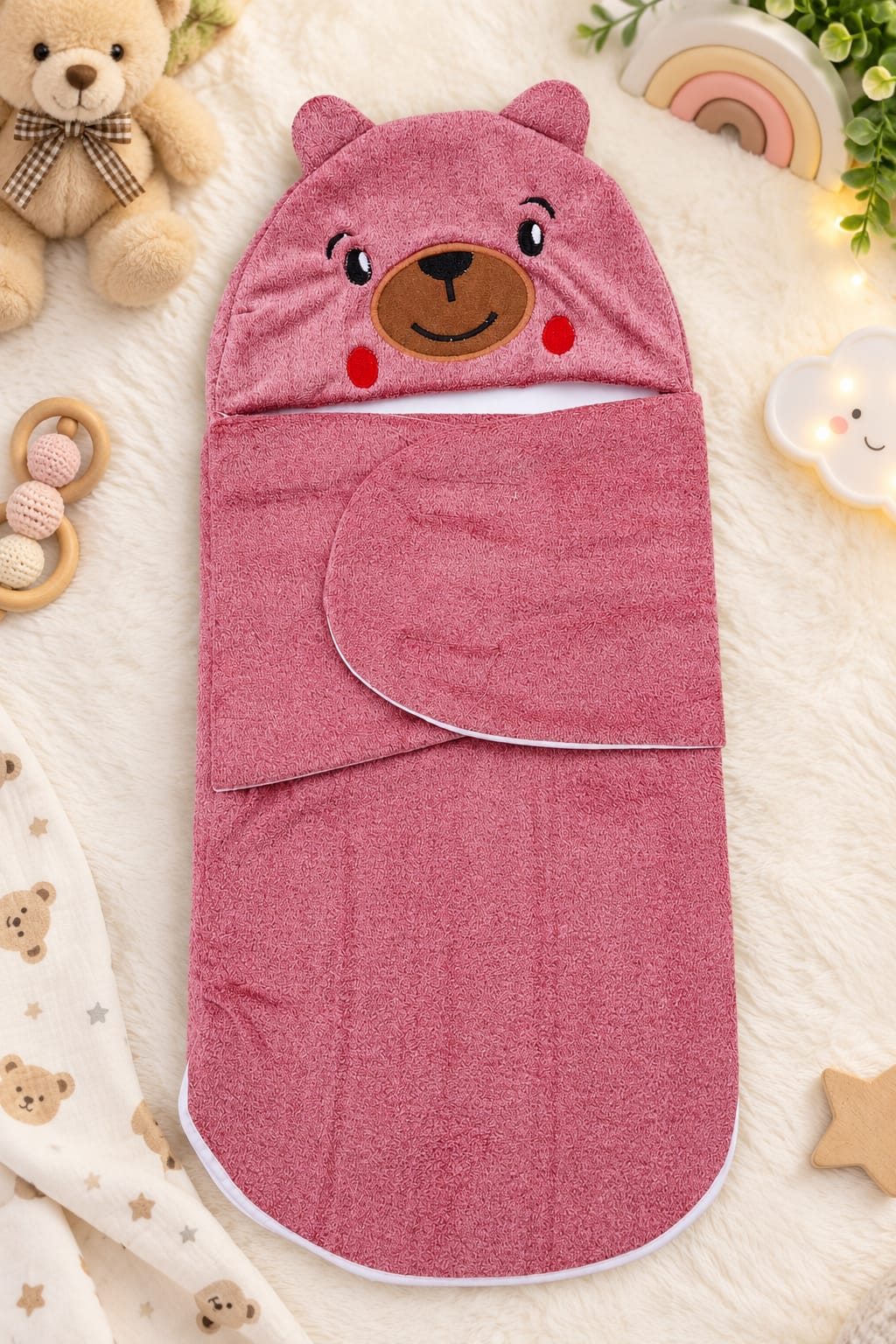 Hooded Baby Swaddle Wrap – Soft Plush Newborn Swaddle Blanket with Adjustable Flaps (0–6 Months)
