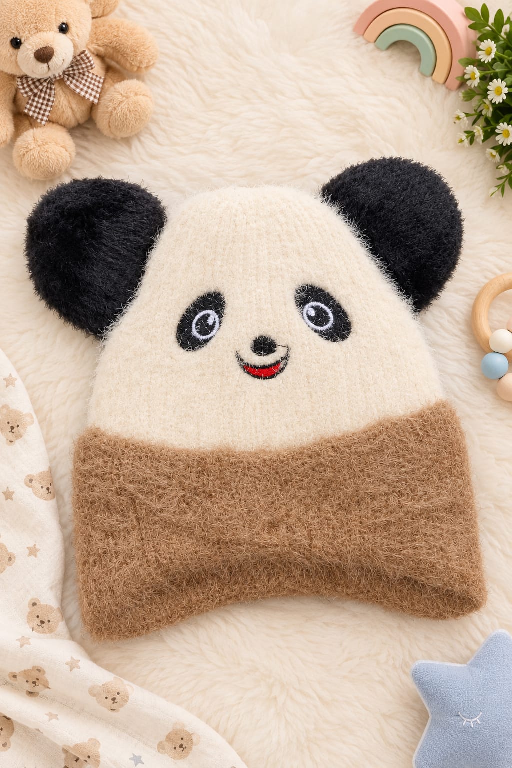 Baby Panda Winter Cap – Soft Fluffy Knit Beanie with Cute Ears (Warm Woolen Cap for Newborn & Infants)