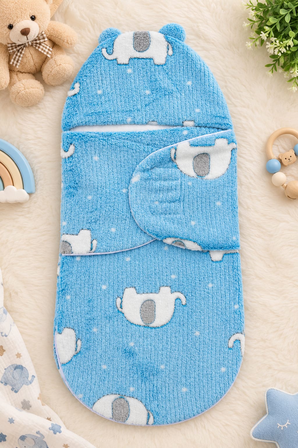 Hooded Baby Swaddle Wrap – Soft Plush Newborn Swaddle Blanket with Adjustable Flaps (0–6 Months)