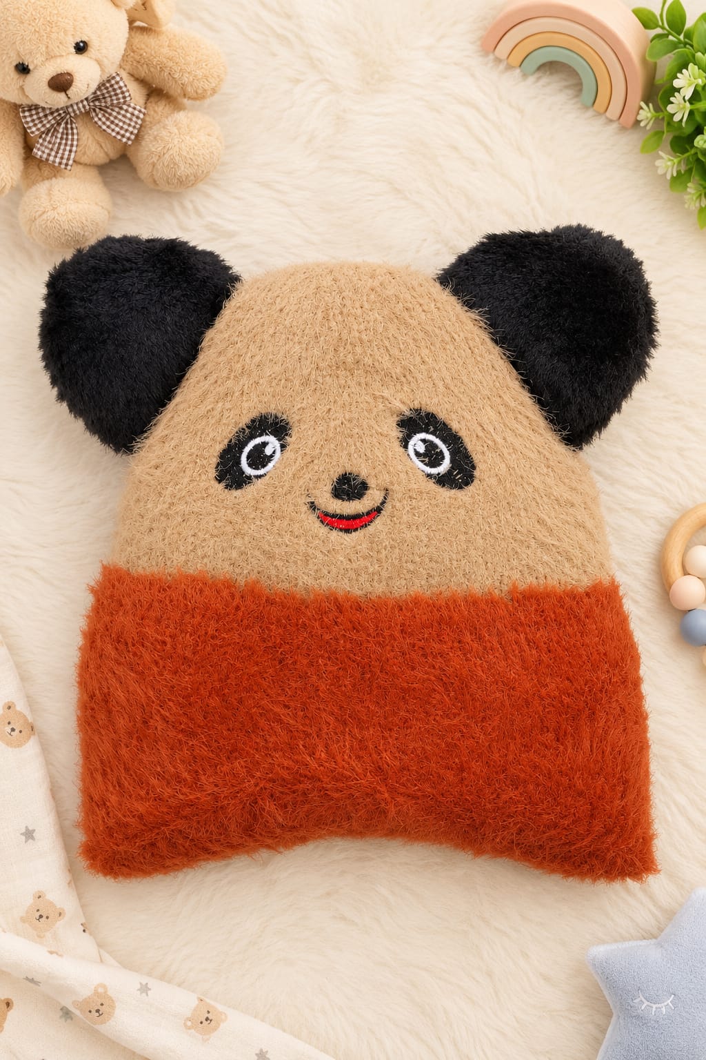 Baby Panda Winter Cap – Soft Fluffy Knit Beanie with Cute Ears (Warm Woolen Cap for Newborn & Infants)