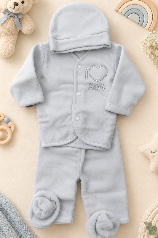 4-Piece Newborn Fleece Suit Set – Soft Warm Baby Winter Dress with Cap, Top, Pants & Socks (0–3 Months)