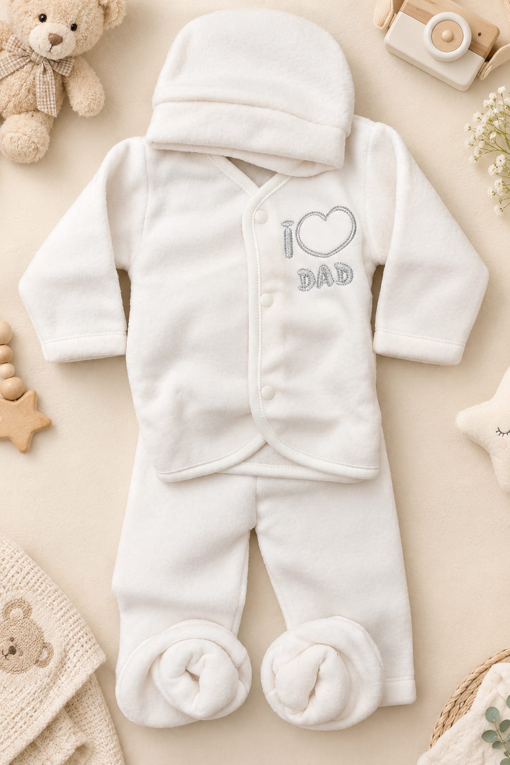 4-Piece Newborn Fleece Suit Set – Soft Warm Baby Winter Dress with Cap, Top, Pants & Socks (0–3 Months)