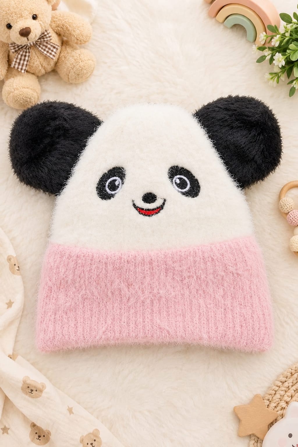 Baby Panda Winter Cap – Soft Fluffy Knit Beanie with Cute Ears (Warm Woolen Cap for Newborn & Infants)