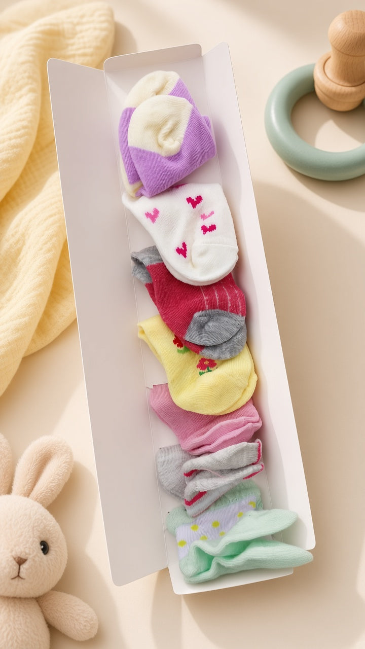 7-Pair Baby Socks Gift Box – Soft Cotton Newborn Socks Set for Boys & Girls (0–12 Months)