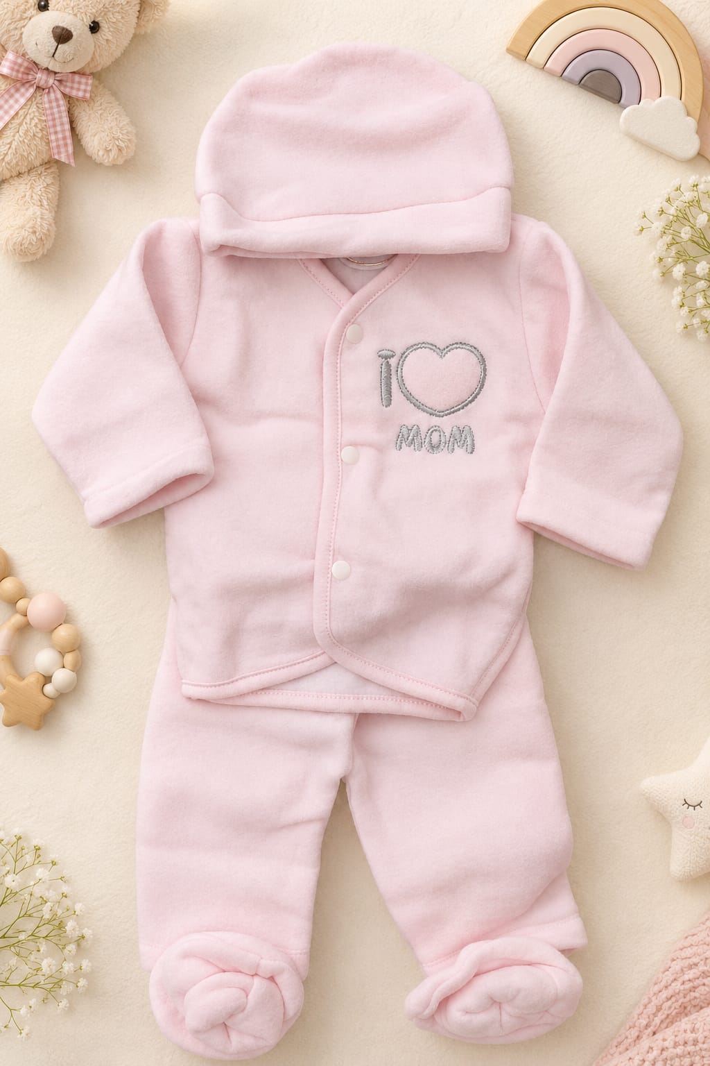 4-Piece Newborn Fleece Suit Set – Soft Warm Baby Winter Dress with Cap, Top, Pants & Socks (0–3 Months)