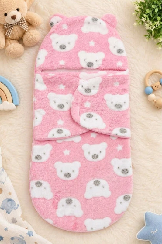Hooded Baby Swaddle Wrap – Soft Plush Newborn Swaddle Blanket with Adjustable Flaps (0–6 Months)