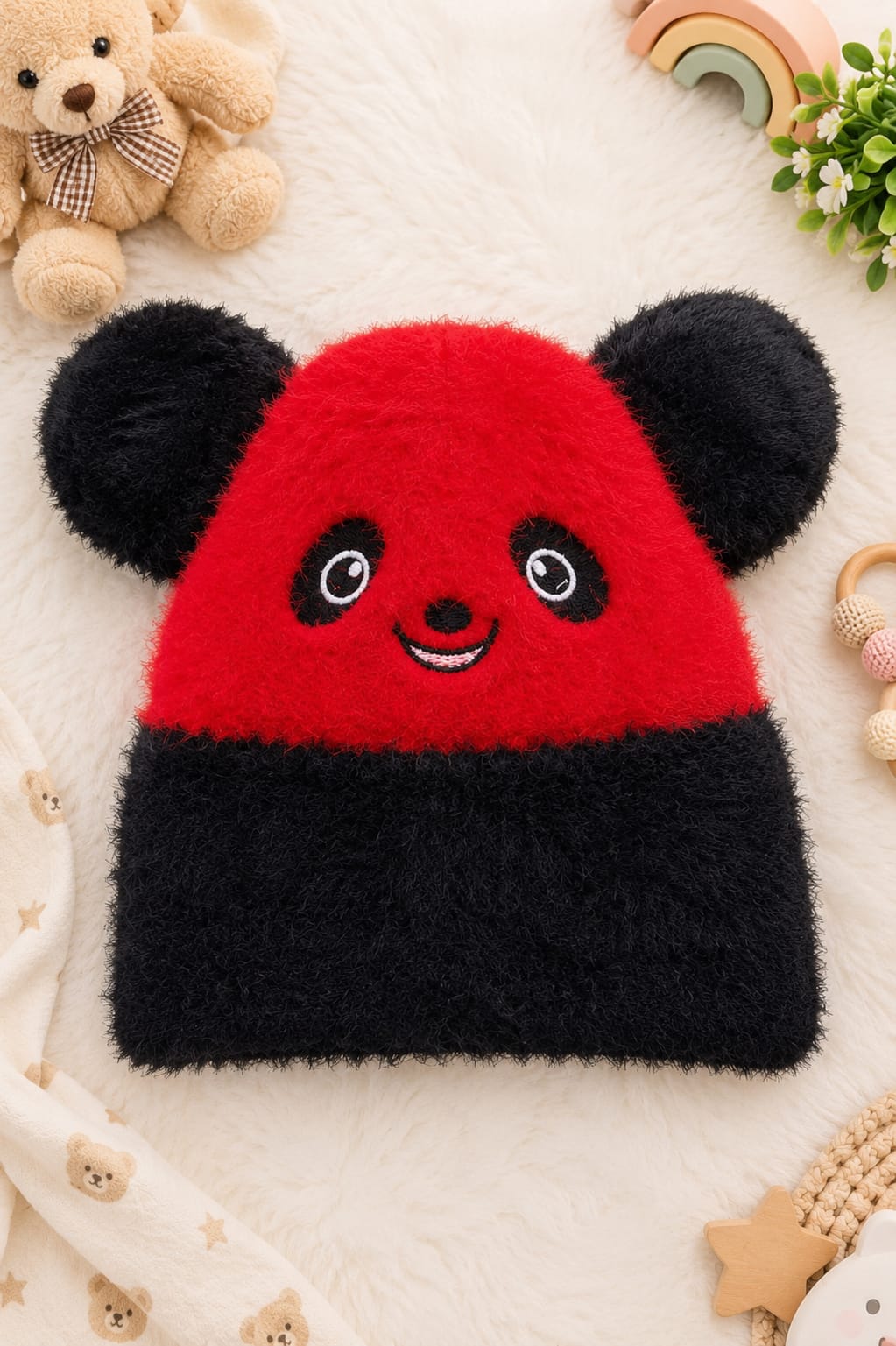 Baby Panda Winter Cap – Soft Fluffy Knit Beanie with Cute Ears (Warm Woolen Cap for Newborn & Infants)