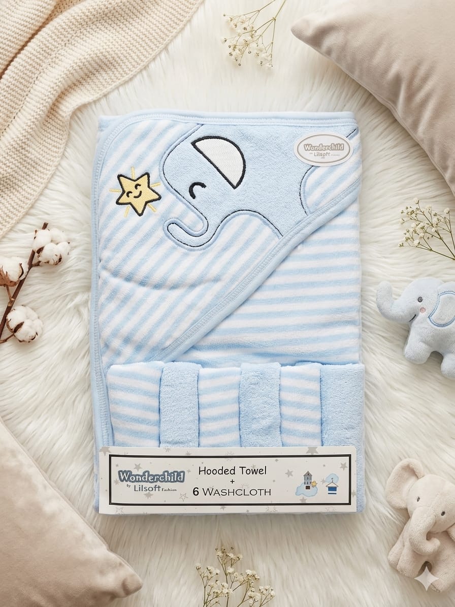 Premium 7-Piece Baby Bath Set | Hooded Towel & 6 Washcloths(blue)