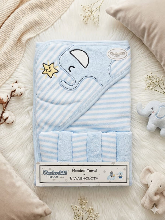 Premium 7-Piece Baby Bath Set | Hooded Towel & 6 Washcloths(blue)