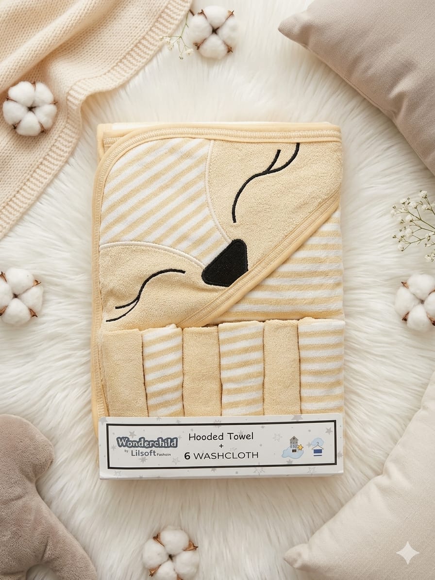 Premium 7-Piece Baby Bath Set | Hooded Towel & 6 Washcloths(beige)